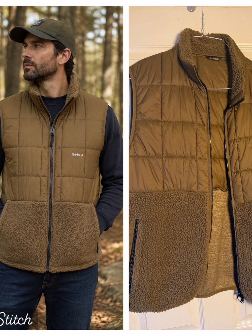 Barbour Fell Gilet Sherpa Fleece Puffer Vest XXL Brown Olive